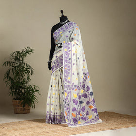 White - silk cotton dhakai jamdani saree 01 - handcrafted