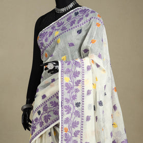 White - silk cotton dhakai jamdani saree 01 - handcrafted