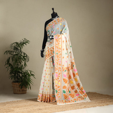 White - silk cotton dhakai jamdani saree 03 - handcrafted