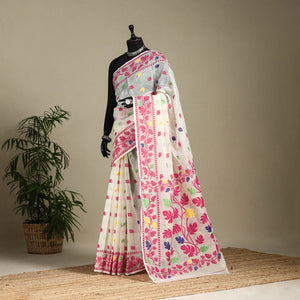 White - silk cotton dhakai jamdani saree 07 - handcrafted