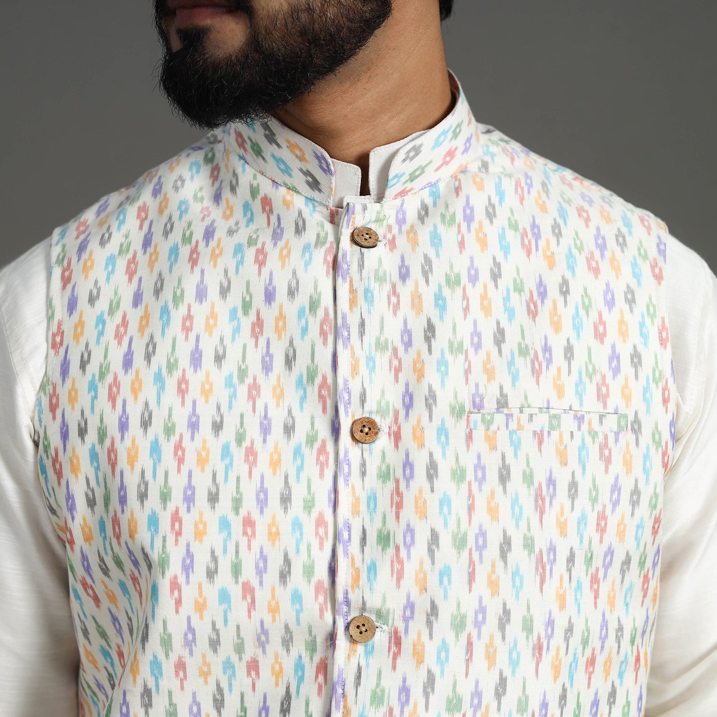 Buy White Silk Cotton Pochampally Ikat Nehru Jacket