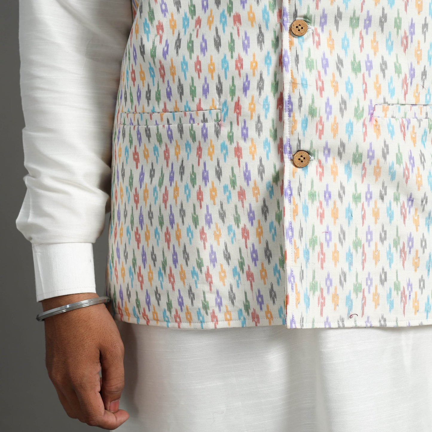 Buy White Silk Cotton Pochampally Ikat Nehru Jacket