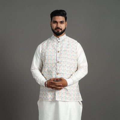 Buy White Silk Cotton Pochampally Ikat Nehru Jacket
