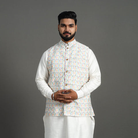 Buy White Silk Cotton Pochampally Ikat Nehru Jacket