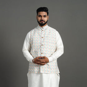 Buy White Silk Cotton Pochampally Ikat Nehru Jacket