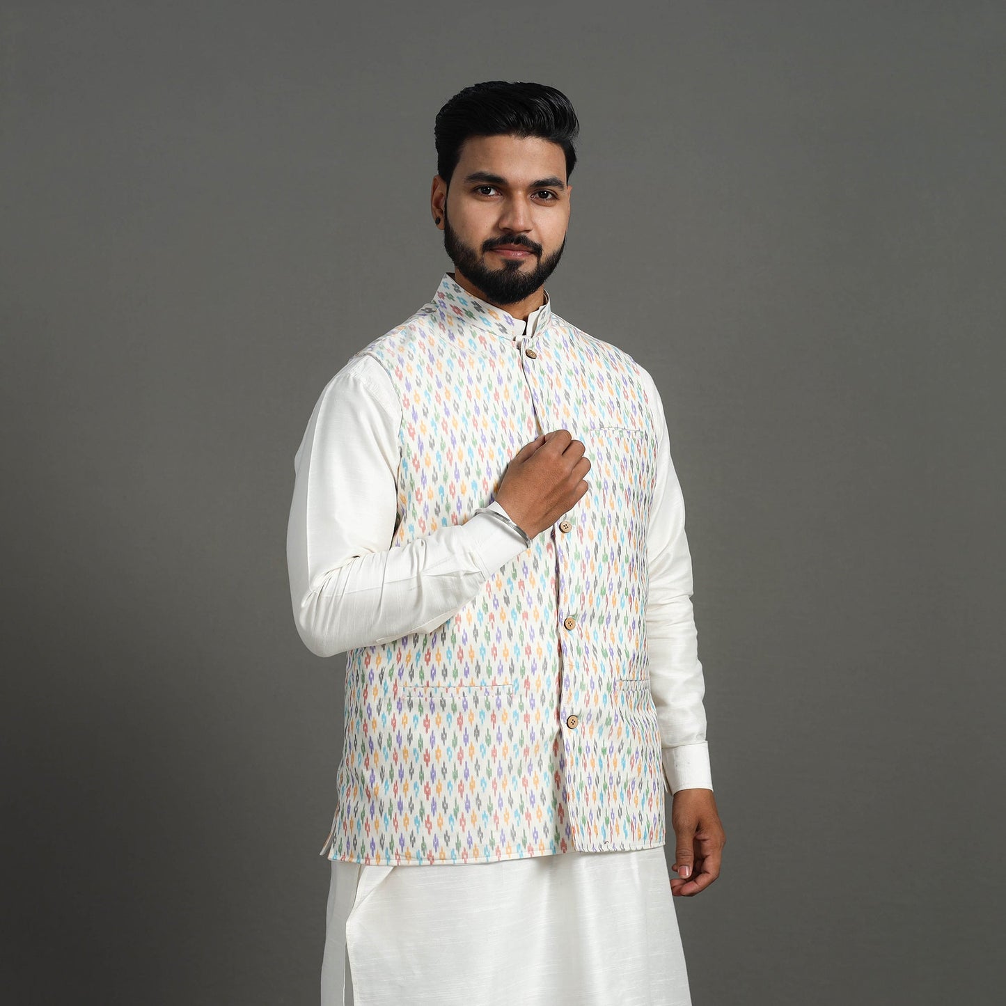 Buy White Silk Cotton Pochampally Ikat Nehru Jacket