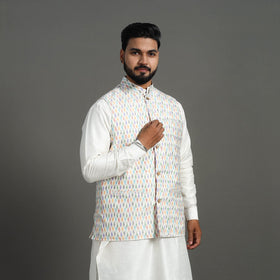 Buy White Silk Cotton Pochampally Ikat Nehru Jacket