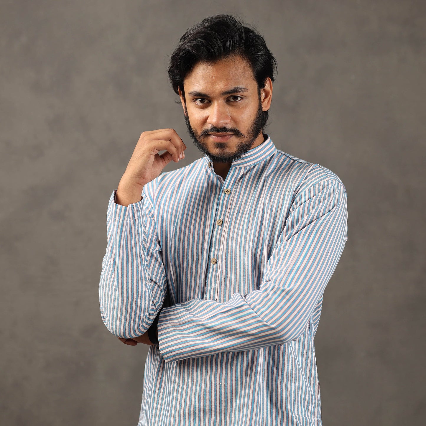  Handloom Cotton Stripe Men Short Kurta 