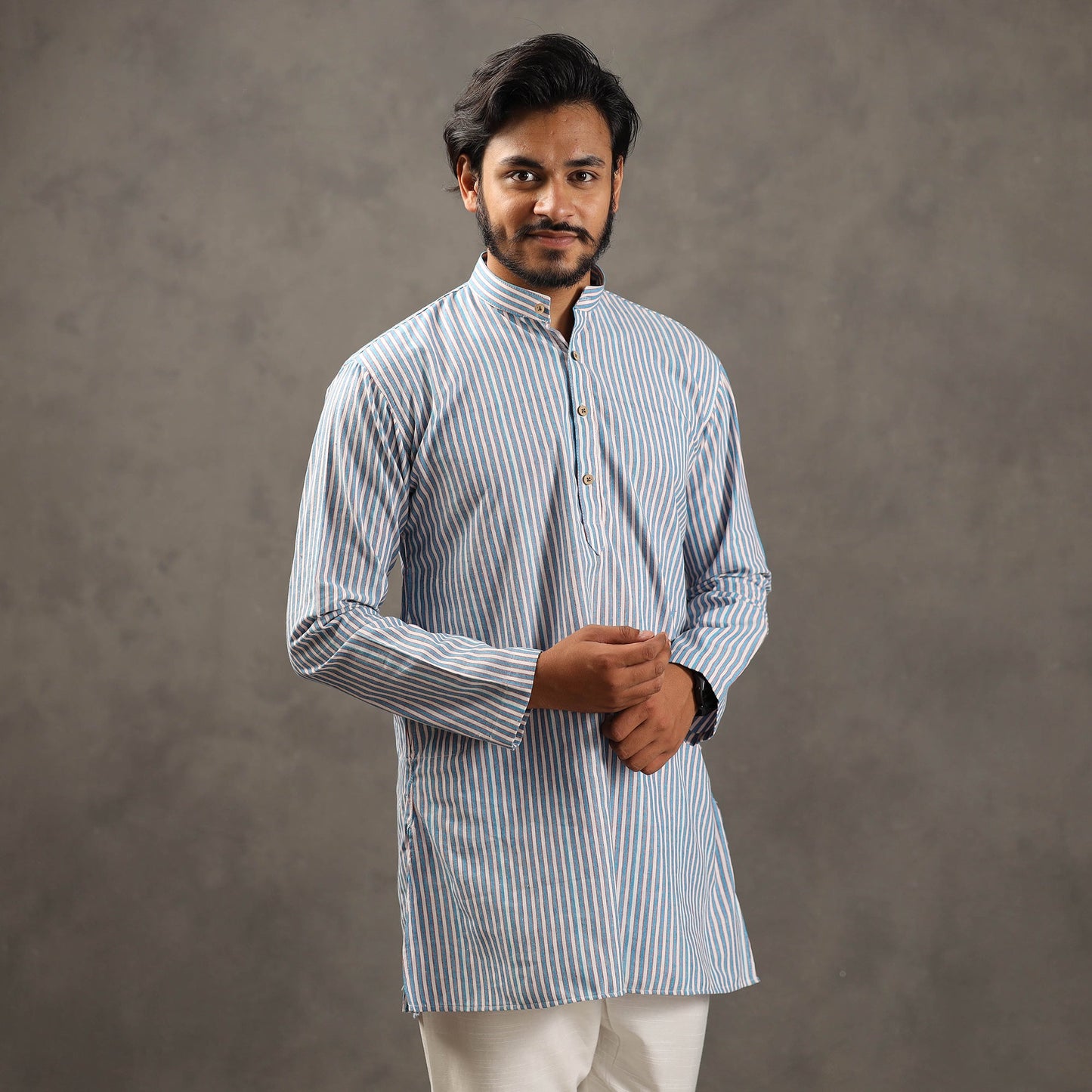  Handloom Cotton Stripe Men Short Kurta 