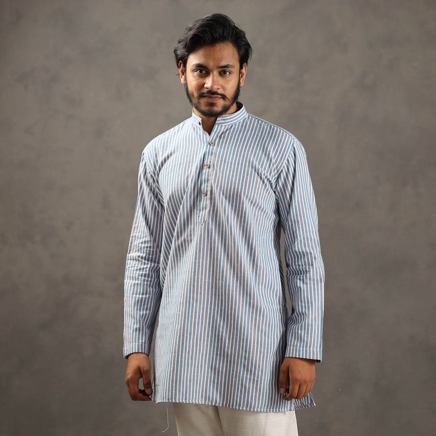  Handloom Cotton Stripe Men Short Kurta 