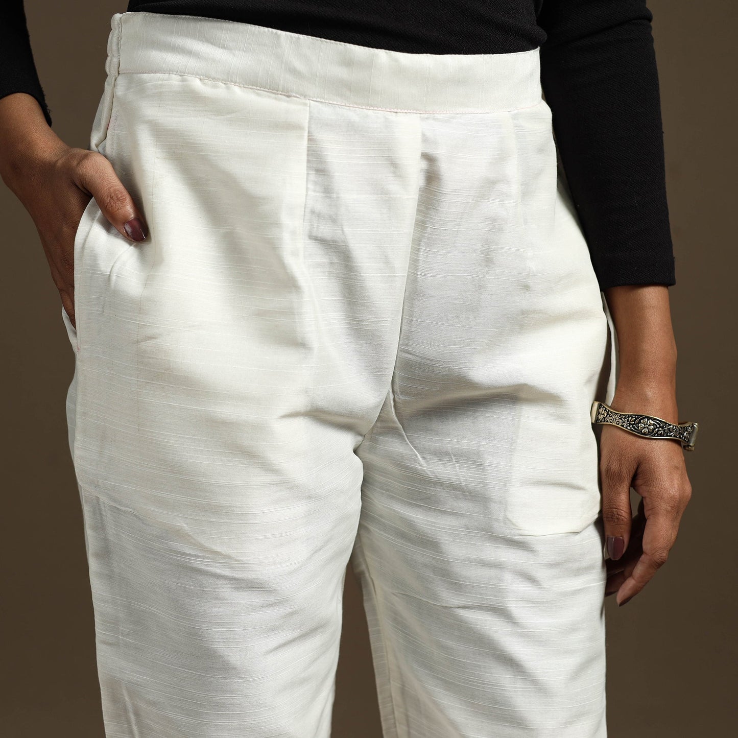 White - slub silk elasticated plain pant 02 - handcrafted