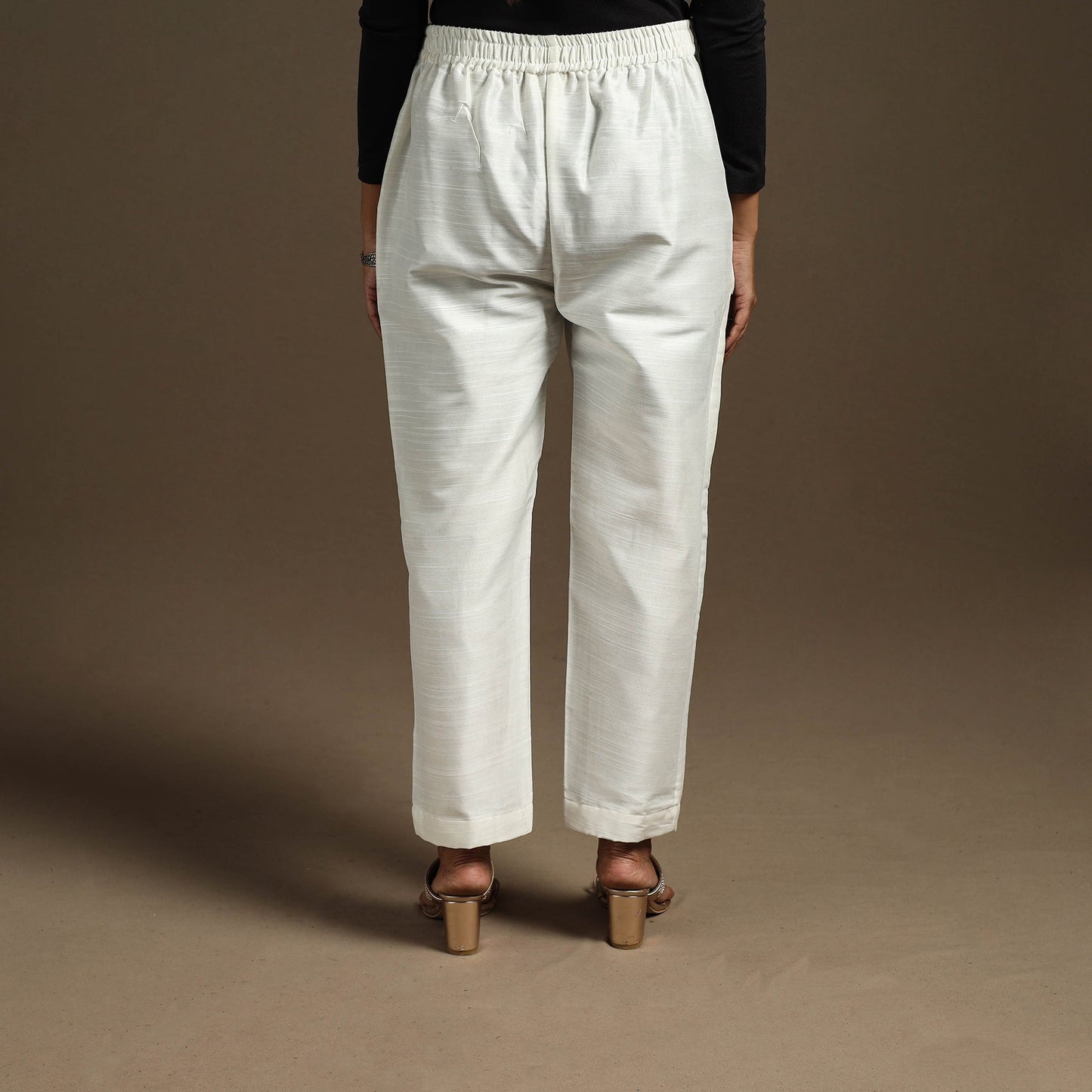 White - slub silk elasticated plain pant 02 - handcrafted