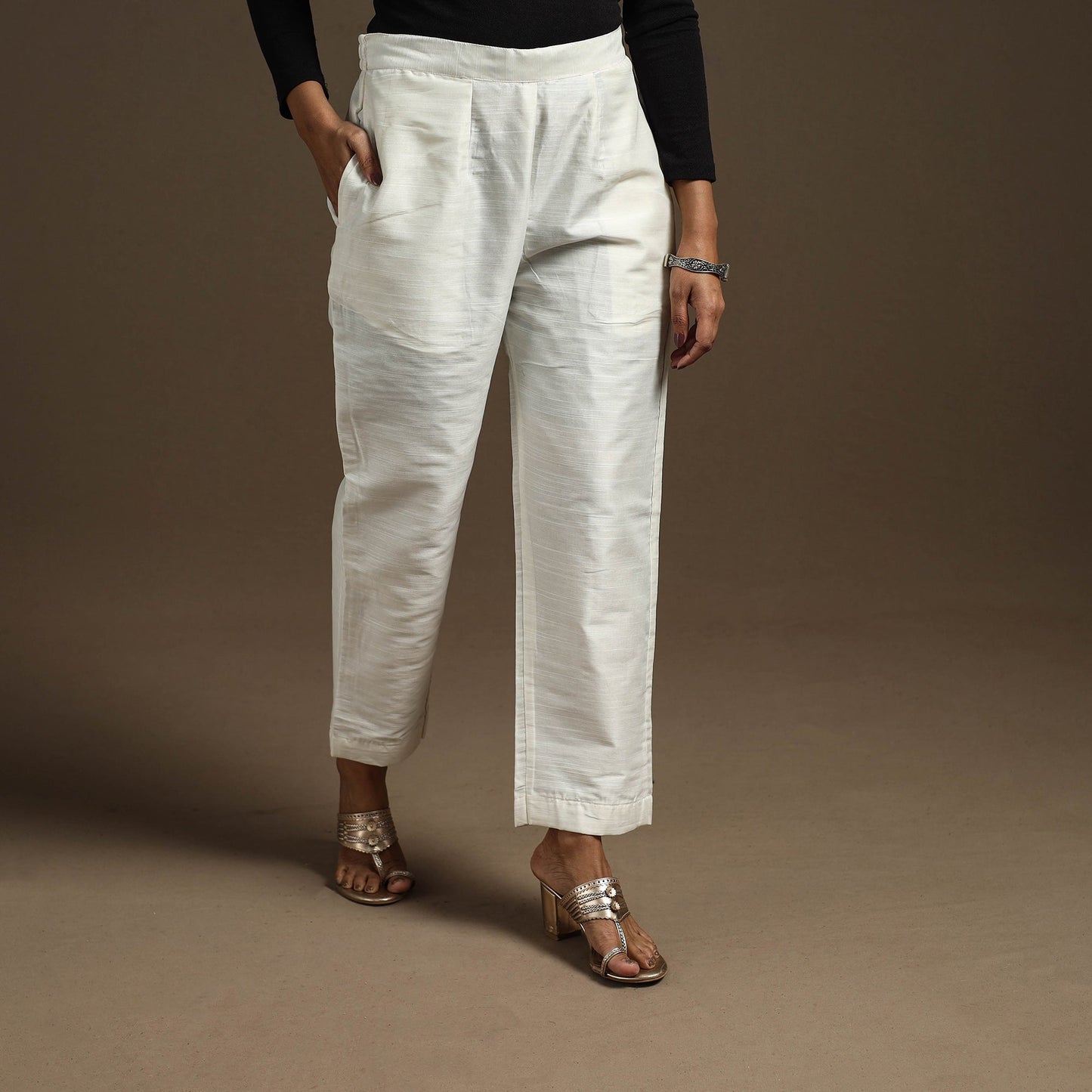 White - slub silk elasticated plain pant 02 - handcrafted