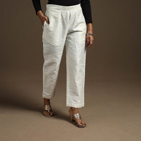 White - slub silk elasticated plain pant 02 - handcrafted