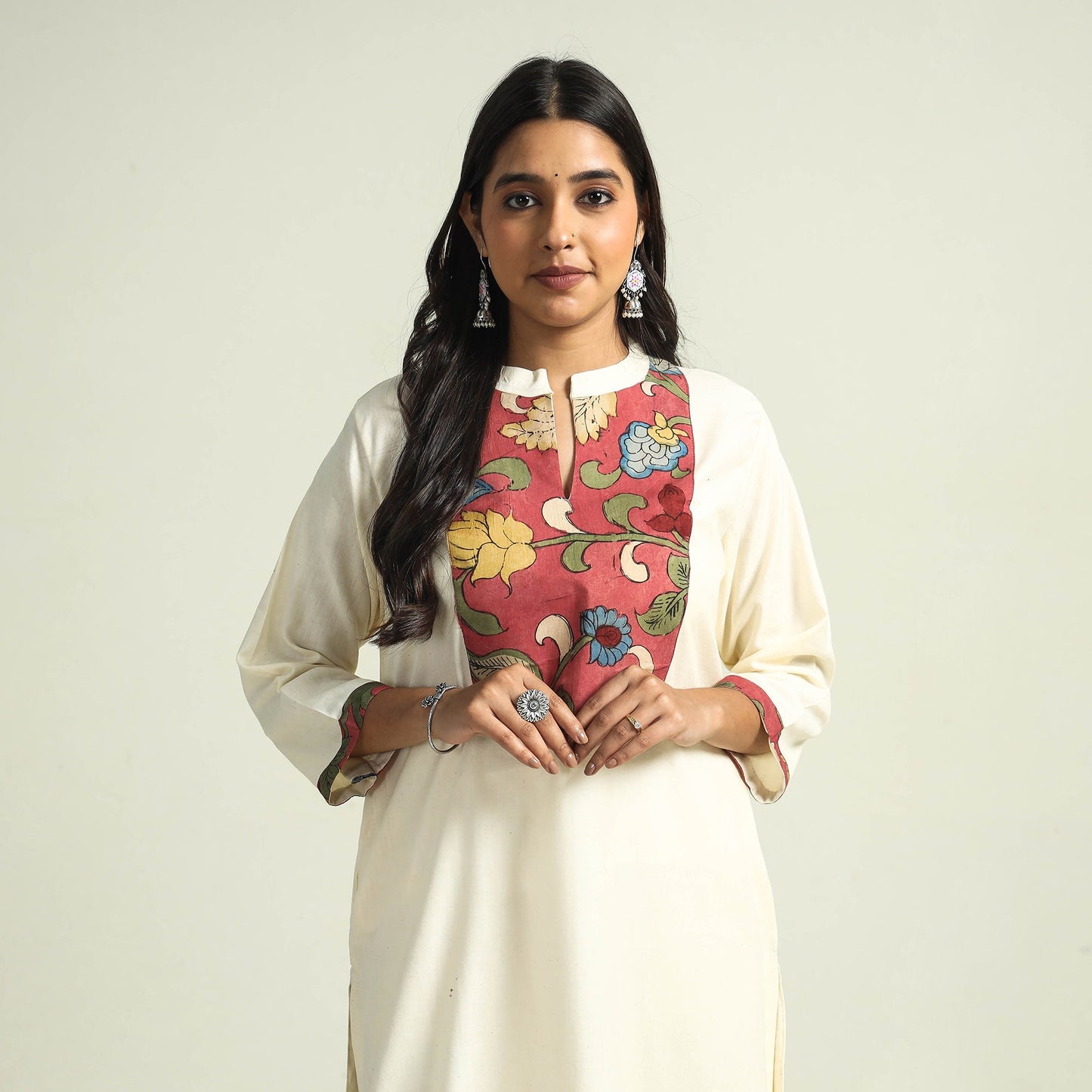 White - srikalahasti kalamkari patchwork plain linen cotton