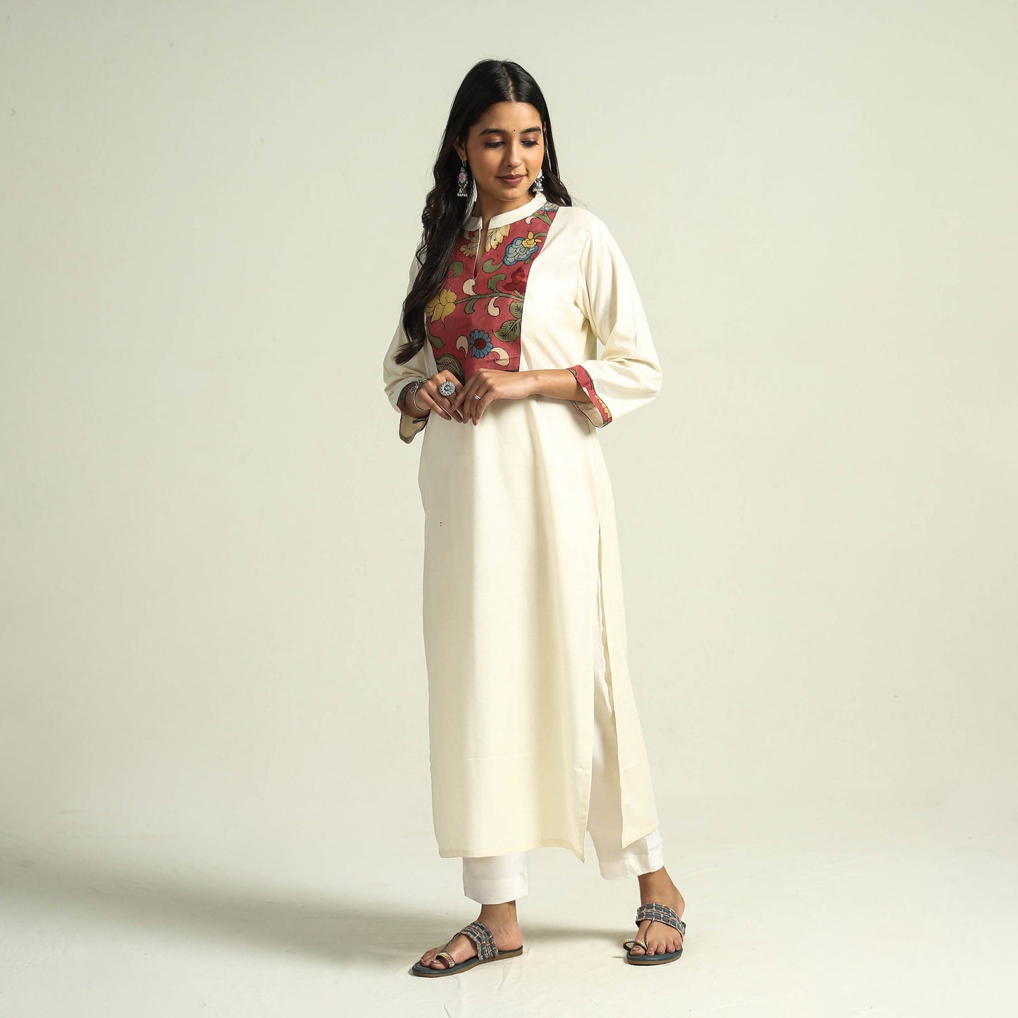 White - srikalahasti kalamkari patchwork plain linen cotton