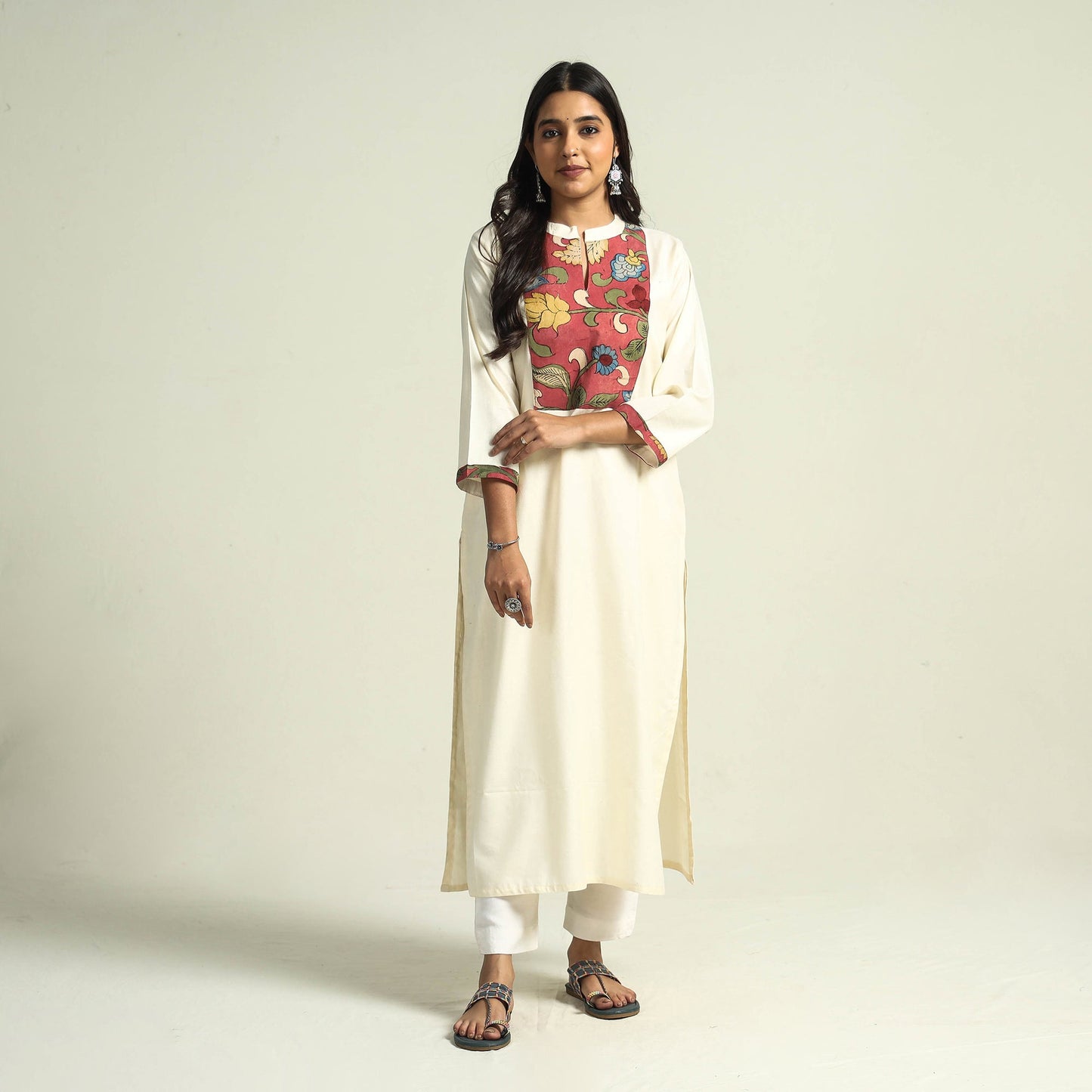 White - srikalahasti kalamkari patchwork plain linen cotton