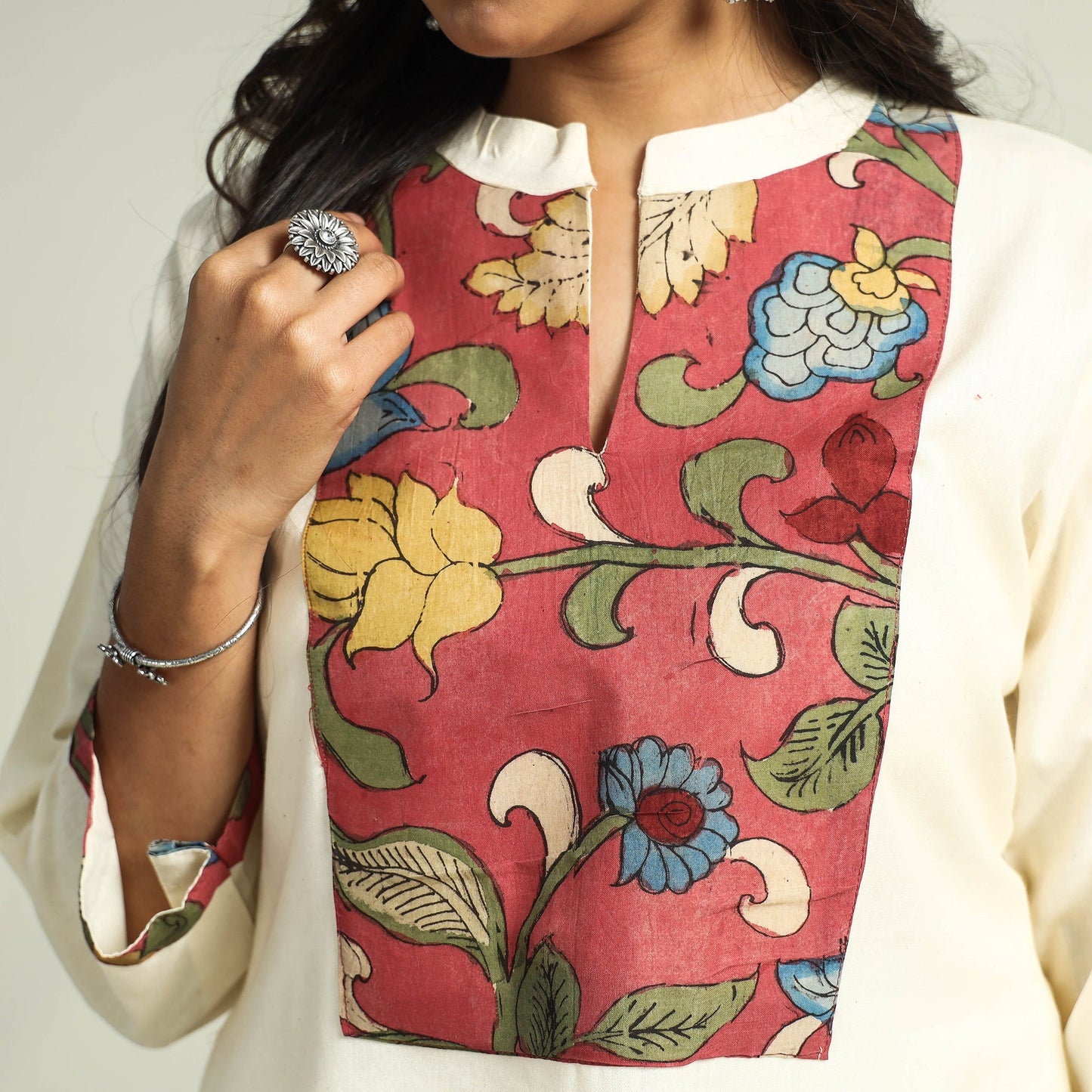 White - srikalahasti kalamkari patchwork plain linen cotton