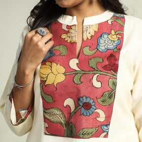 White - srikalahasti kalamkari patchwork plain linen cotton