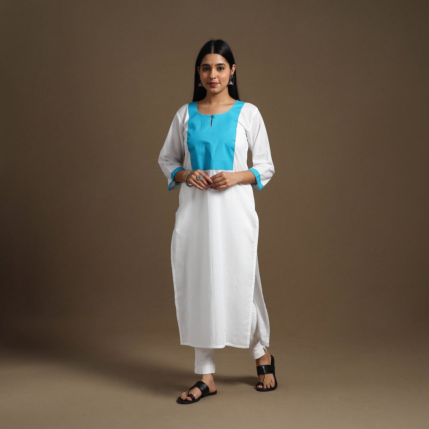 Buy White Straight Patchwork Plain Cotton Kurta for Women