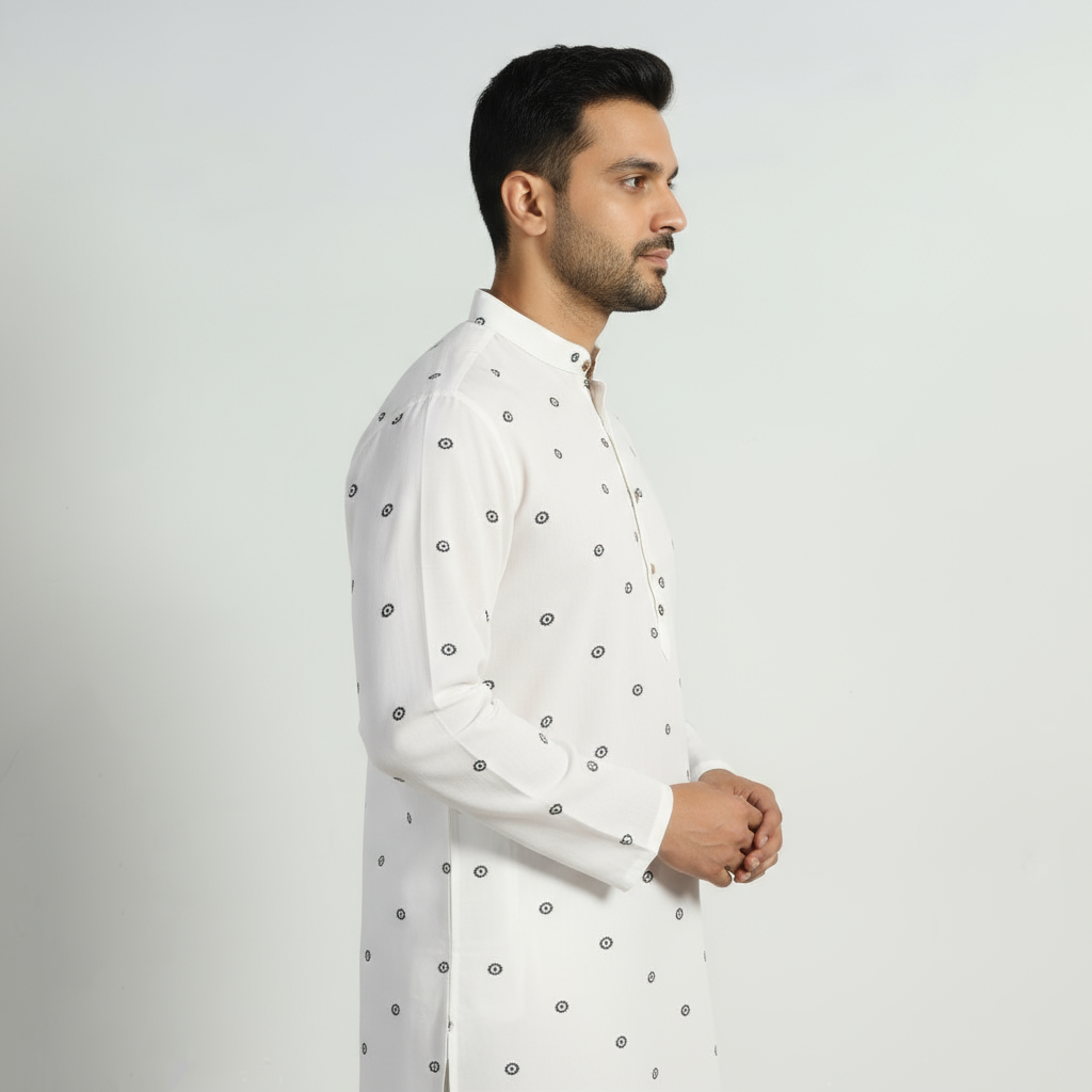 White - thread buti cotton long plain kurta for men 03