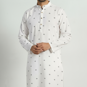 White - thread buti cotton long plain kurta for men 03