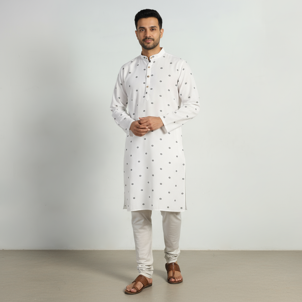 White - thread buti cotton long plain kurta for men 03