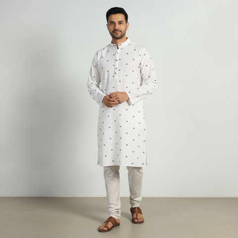 White - thread buti cotton long plain kurta for men 03