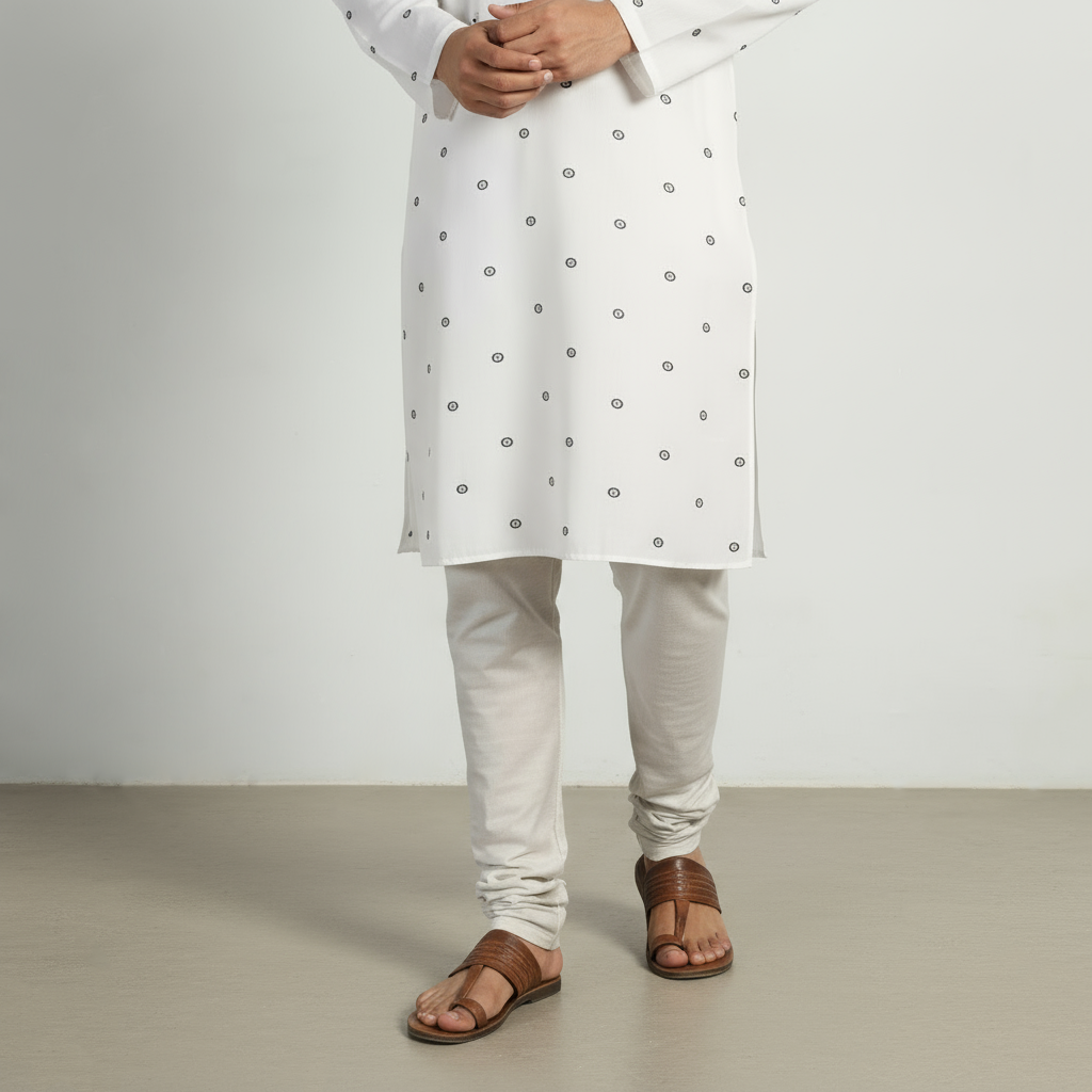 White - thread buti cotton long plain kurta for men 03