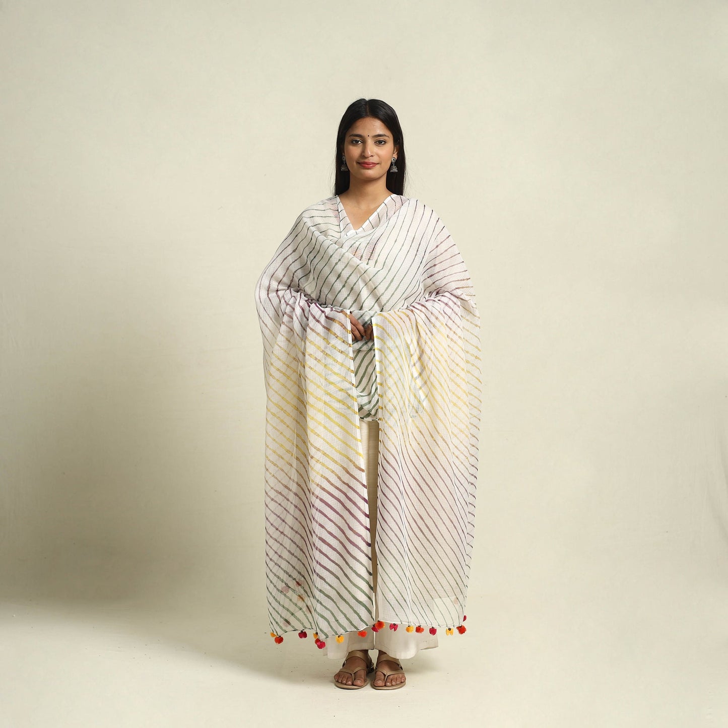 Buy Tie & Dye White Kota Doria Cotton Leheriya Dupatta