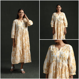 Tiered flared lace work cotton hand block batik print dress