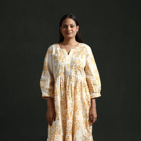 Tiered flared lace work cotton hand block batik print dress
