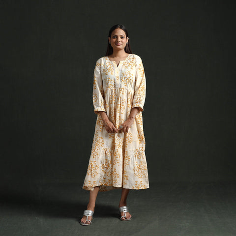 Tiered flared lace work cotton hand block batik print dress