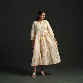 Tiered flared lace work cotton hand block batik print dress
