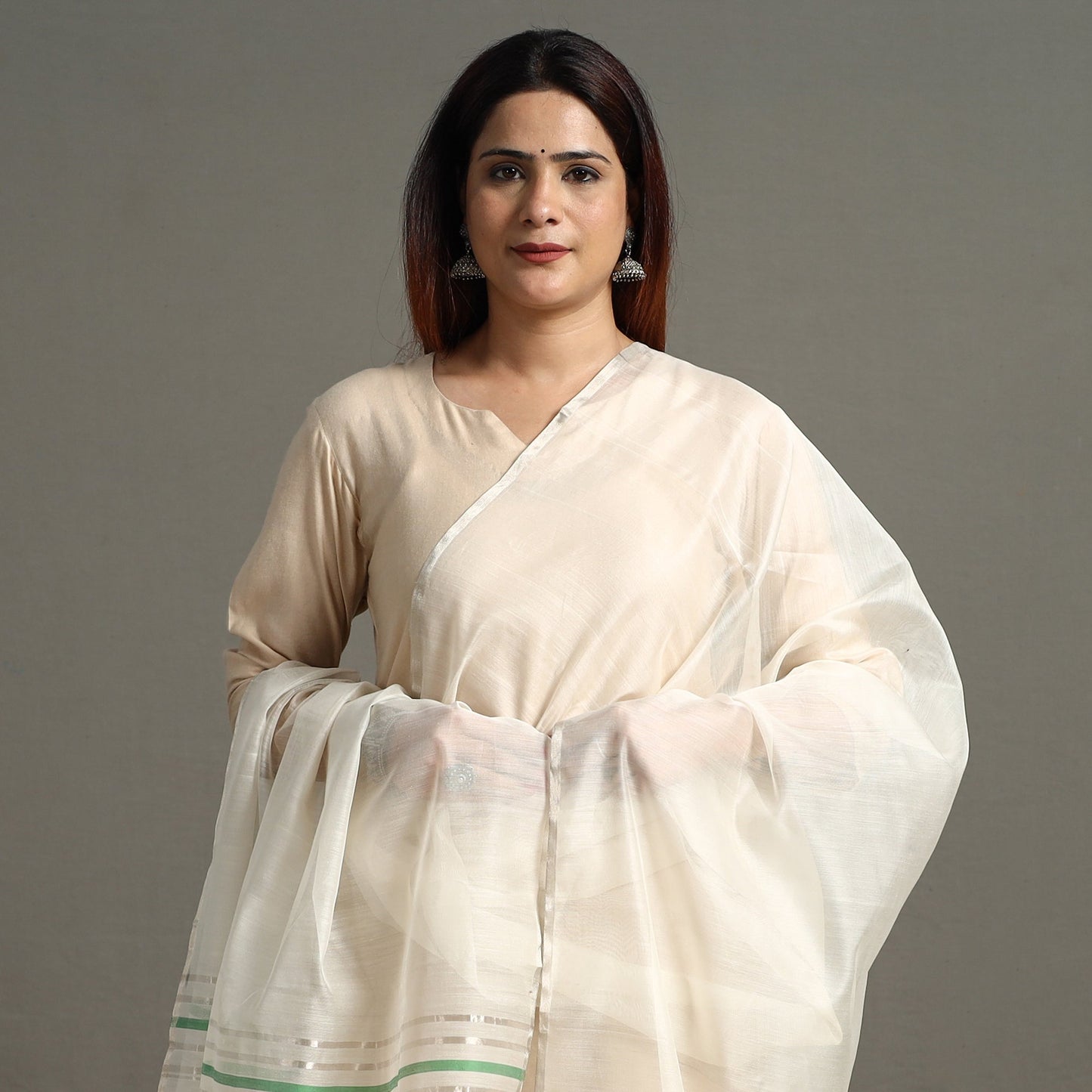  Traditional Chanderi Silk Handloom Zari Buti Dupatta with Tassels 23 