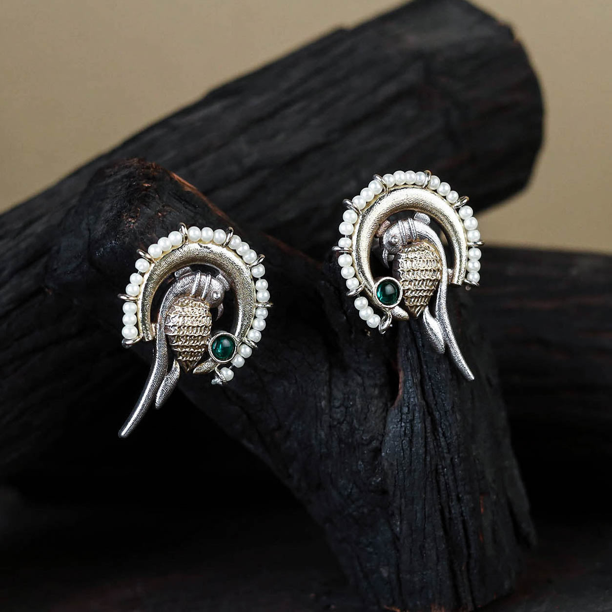 White Traditional German Silver-Plated Classic Stud Earrings