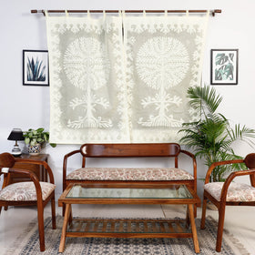 Off White Tree Cutwork Cotton Barmer Applique Window Curtain