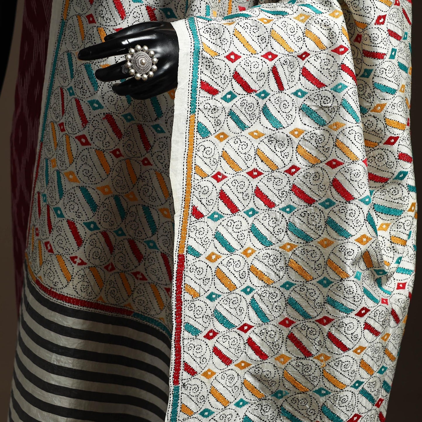 White - tussar silk handloom printed bengal hand kantha