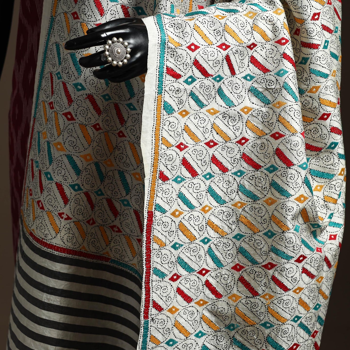 White - tussar silk handloom printed bengal hand kantha