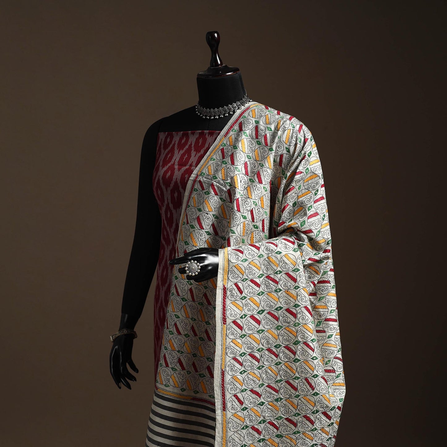 White - tussar silk handloom printed bengal hand kantha