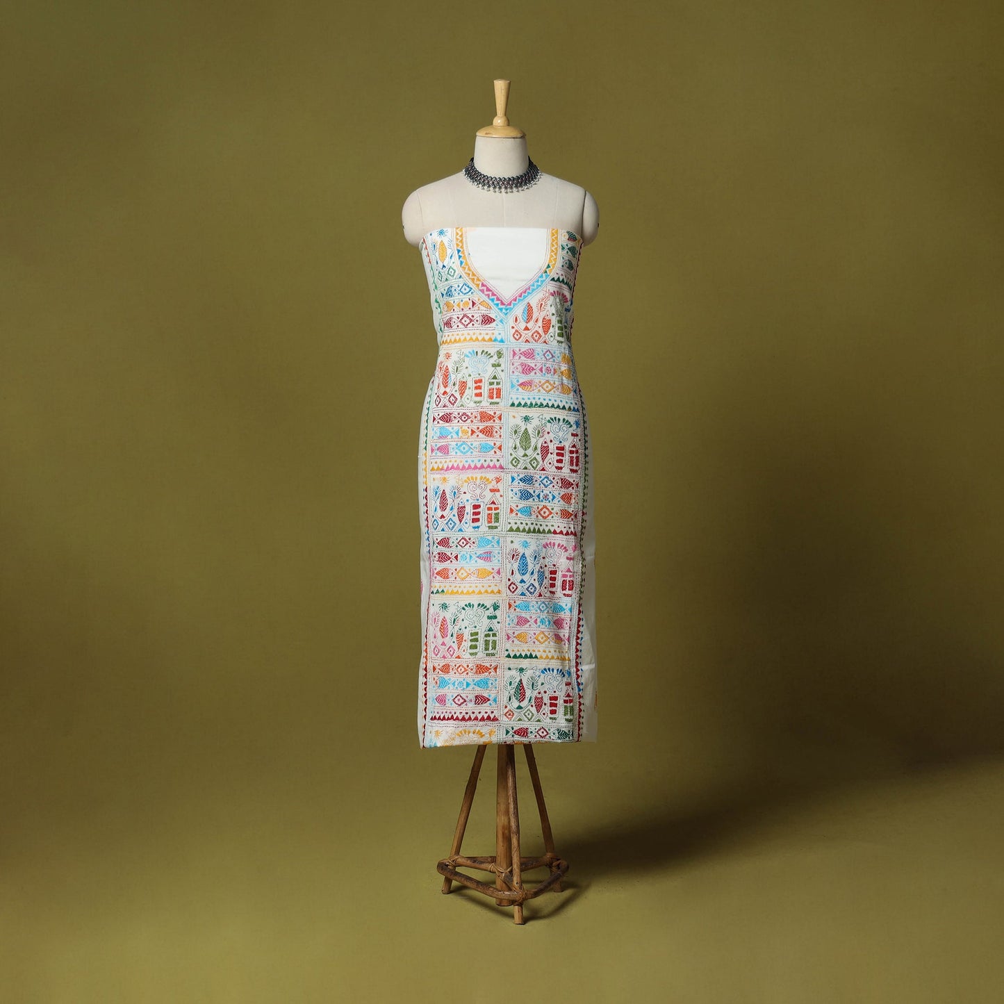 White - unstitched cotton bengal kantha handwork kurta