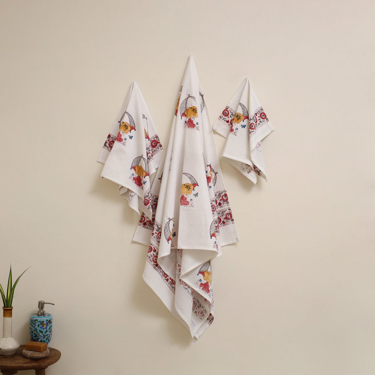 White - waffle weave cotton handwoven sanganeri towel (set