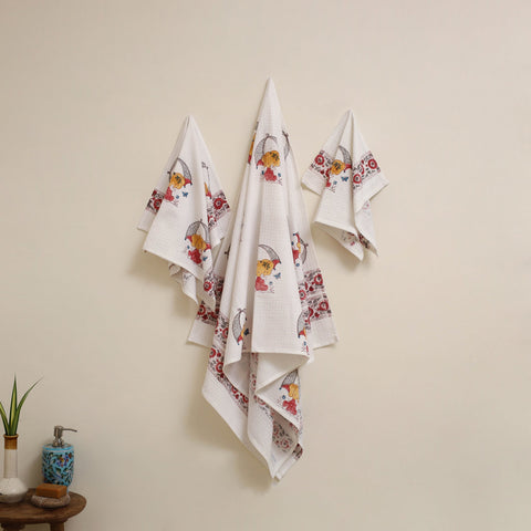 White - waffle weave cotton handwoven sanganeri towel (set
