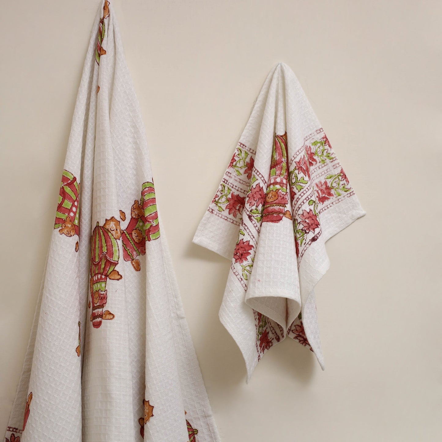 White - waffle weave cotton handwoven sanganeri towel (set