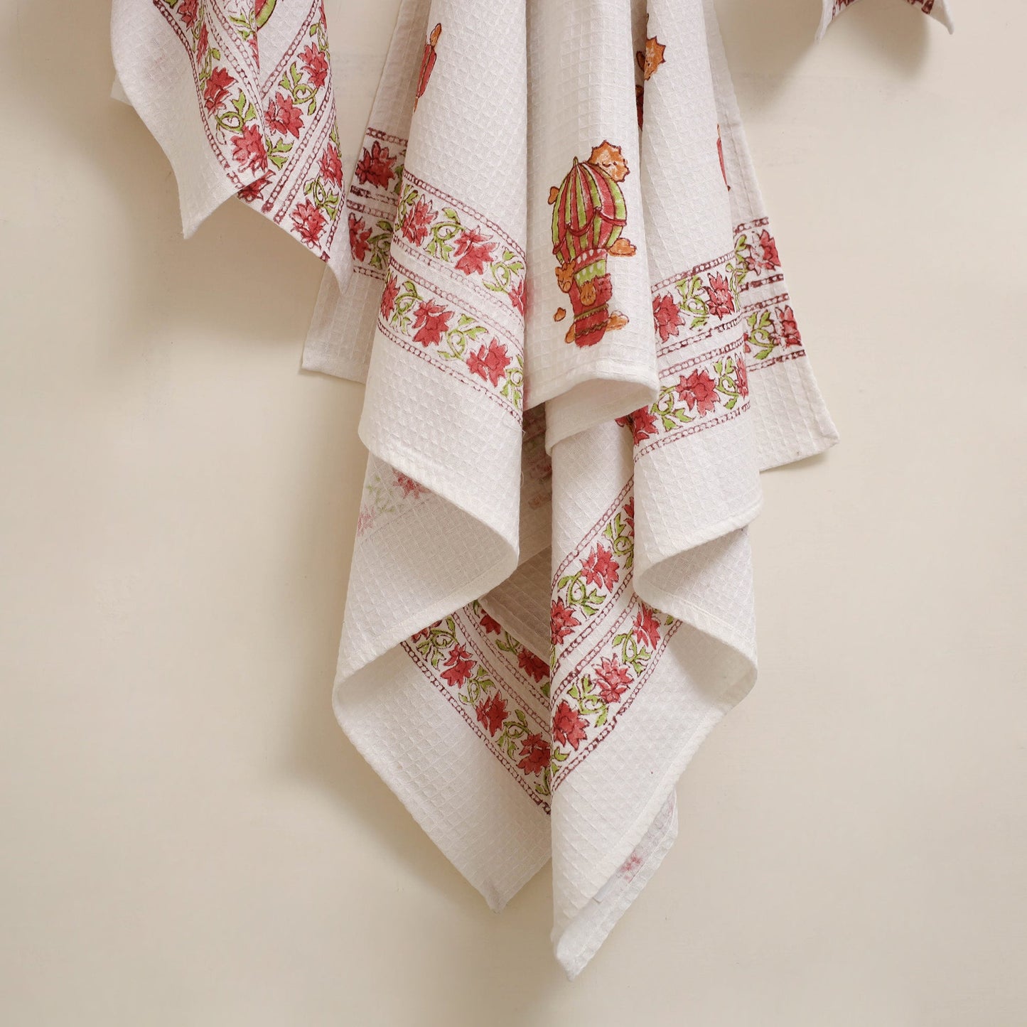 White - waffle weave cotton handwoven sanganeri towel (set