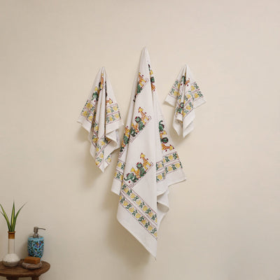 White - waffle weave cotton handwoven sanganeri towel (set
