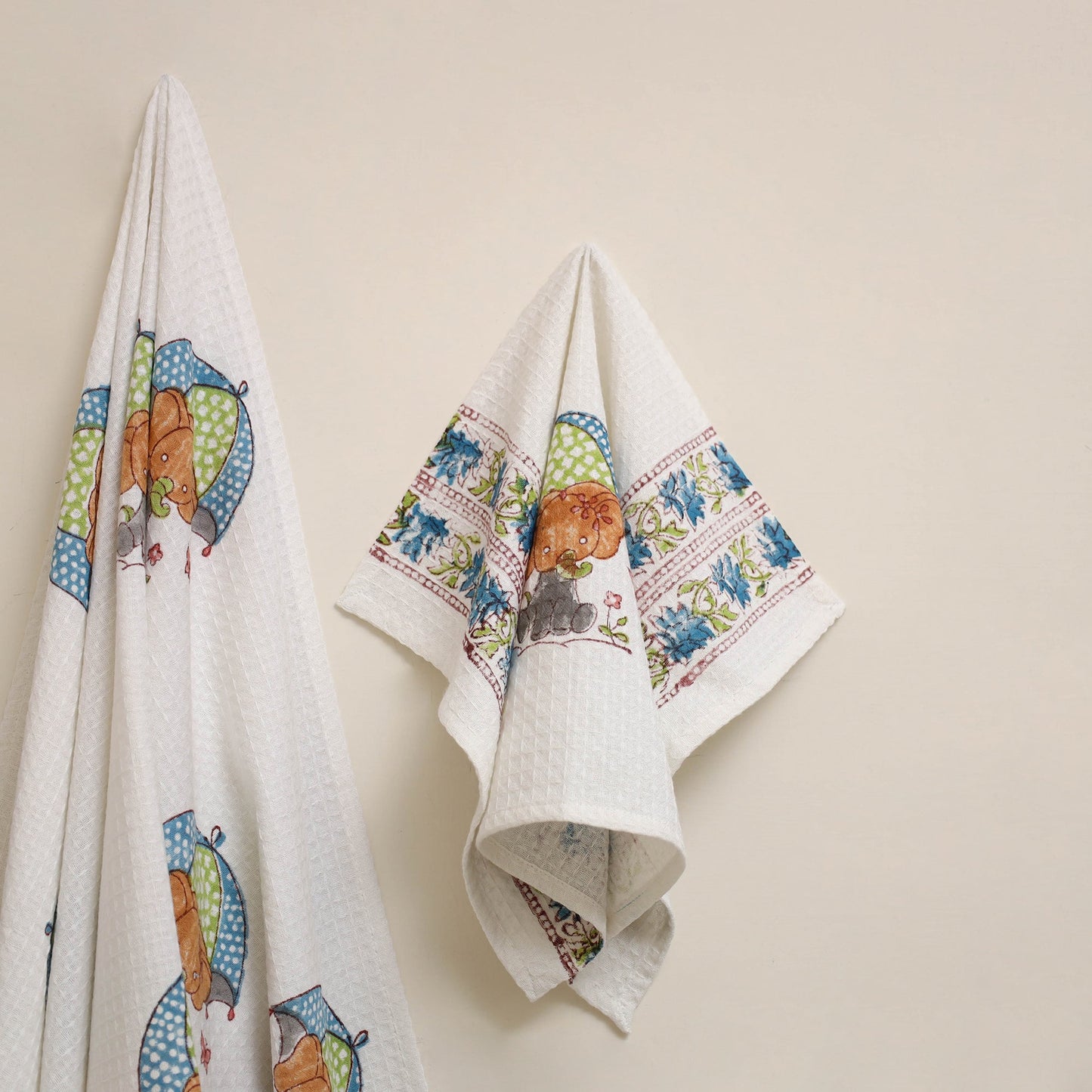 White - waffle weave cotton handwoven sanganeri towel (set