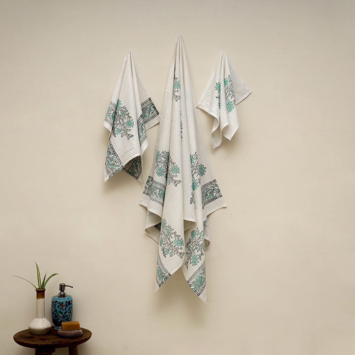 Waffle weave cotton handwoven sanganeri towel (set of 3) 19