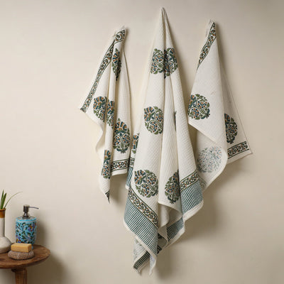 White Waffle Weave Cotton Sanganeri Print Towel (Set of 3)