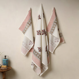 White - Waffle Weave Cotton Sanganeri Print Towel (Set of 3) 06